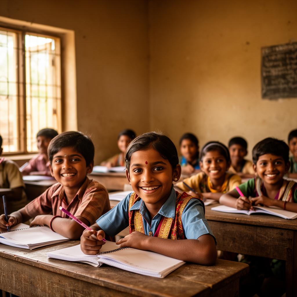 Children studying in a sunlit classroom in rural Andhra Pradesh